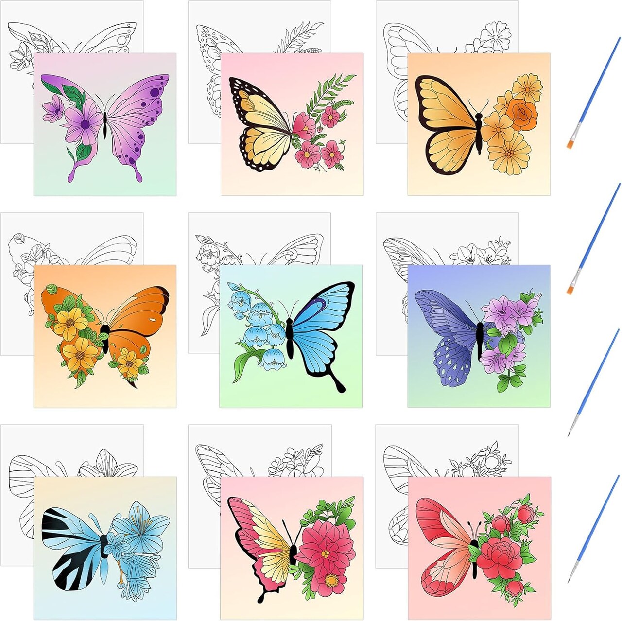 Pre Printed Canvases, 9 PCS Butterfly Painting Canvas 7.87 * 7.87” Butterfly Floral Themed Painting Canvas 9Pcs-Butterfly